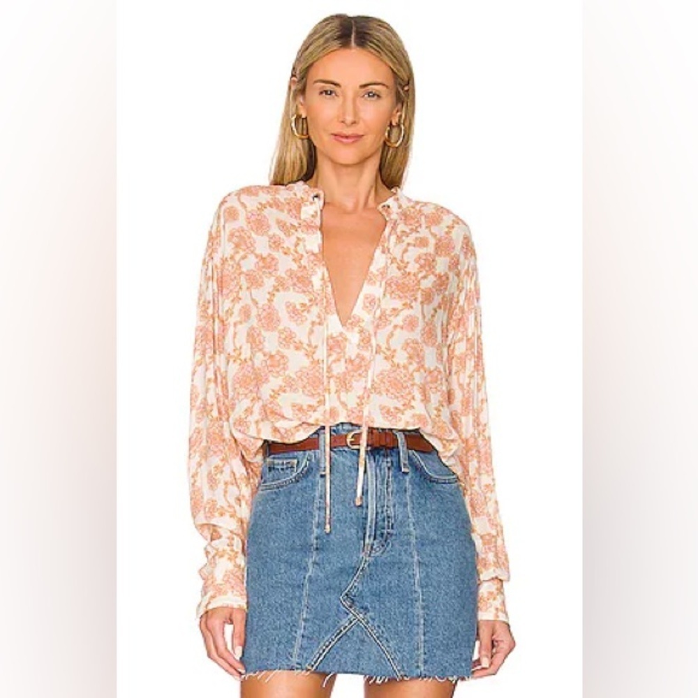 Free People Mia Tunic Top Floral Tie Neck Oversized M NWT